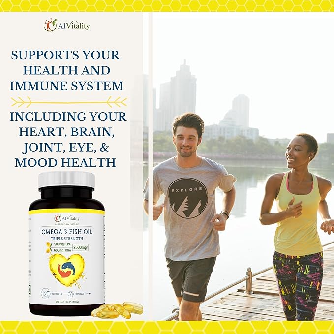 Omega 3 Triple Strength EPA DHA Supplement - 2500mg Lemon Flavored Burpless Fish Oil - High Potency 900mg EPA 600mg DHA Supports Circulation Brain Heart Eye Skin Bone &amp Joints - 120 Softgels