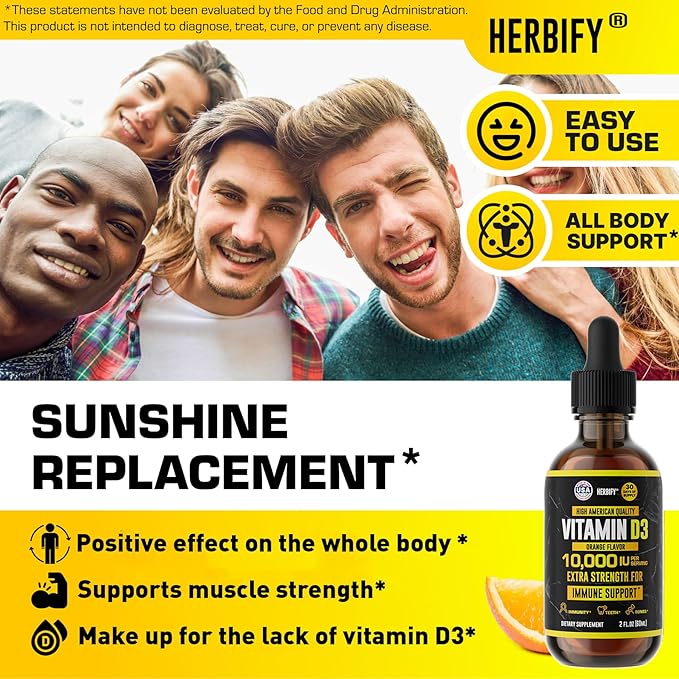HERBIFY Vitamin D3 10000 IU - Made in USA Liquid Vitamin D Drops - Bone Strength and Immune Support Supplement - Sunshine Replacement - D3 Vitamin Bone and Teeth Supplement - 30 Days Supply - 2 Oz
