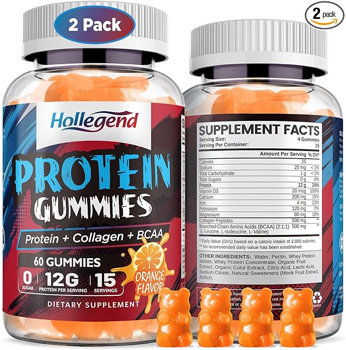 Whey Protein Gummies for Women Men 12g High Protein Supplements with Collagen &amp BCAA for Muscle &amp Energy Recovery Sugar-Free &amp Low Calorie Snacks Orange 120 Chews