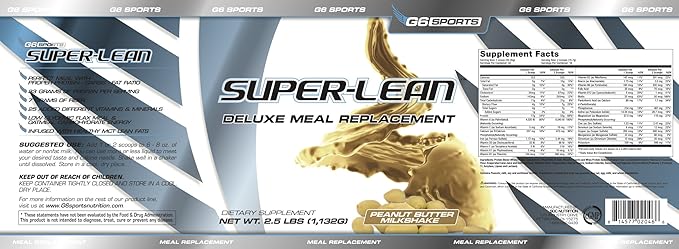 G6 Sports Nutrition Super-Lean Deluxe Meal Replacement (32g Protein 7g Fiber 25 Added Vitamins &amp Minerals) – 2.5lb Jar – Peanut Butter Milkshake