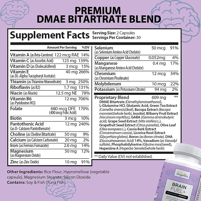 Brain Fuel+ DMAE Blend Memory Supplement for Focus Mood Mental Energy for Busy Men &amp Women - 60 Capsules Made in USA