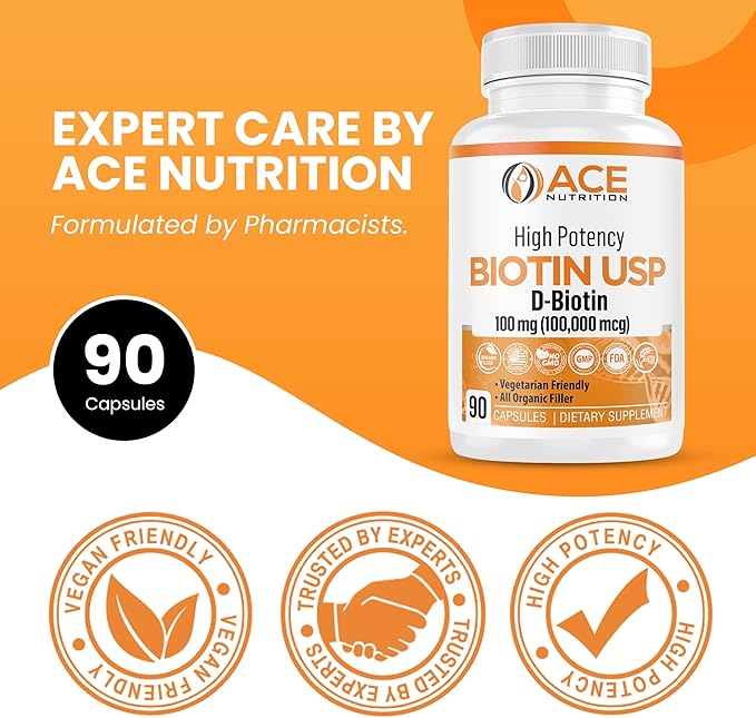 High Potency Biotin USP (D-Biotin 100000mcg) - Superior Biotin Organic Rice Flour Vegetarian Capsules For Hair Skin &amp Myelin Health Made in the USA (100mg/90 Capsules)