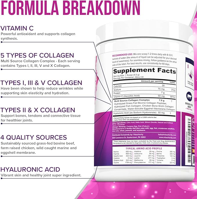 Multi Collagen Peptides Powder for Women - Hydrolyzed Flavored Collagen Powder for Women with Types I II III V &amp X Vitamin C &amp Hyaluronic Acid for Hair Skin and Nails (Pink Lemonade) - 30 Serv