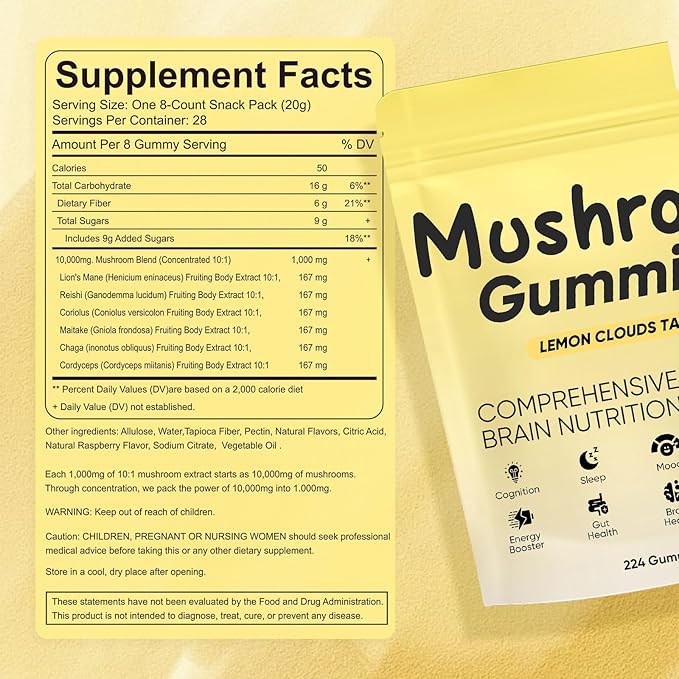 Lions Mane Mushroom Gummies for Adults Functional Gummies with Reishi Chaga Cordyceps Coriolus | for Energy Brain Health Cognitive Memory &amp Focus 28PacksIndividual Packets