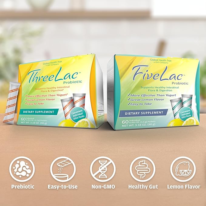 Global Health Trax GHT - FiveLac + Threelac Lemon Probiotic Powder Drink Mix Probiotics for Women Men Kids Smooth Digestive Support &amp Elimination Relieves Constipation &amp Gas - 60 Packets