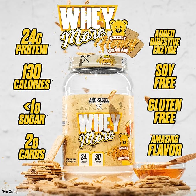 Axe &amp Sledge WHEY More Premium Protein Blend | 24g Protein Whey Concentrate &amp Isolate | Prebiotic Fiber for Enhanced Absorption | Creamy Delicious Versatile | 30 Servings Honey Grizzly Gra