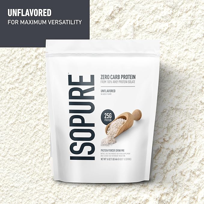 Isopure Zero Carb 100% Pure Whey Isolate Protein Powder Gluten Free with Vitamins Unflavored 25g Protein Per Serving 1 Lb 16 Servings (Packaging May Vary)