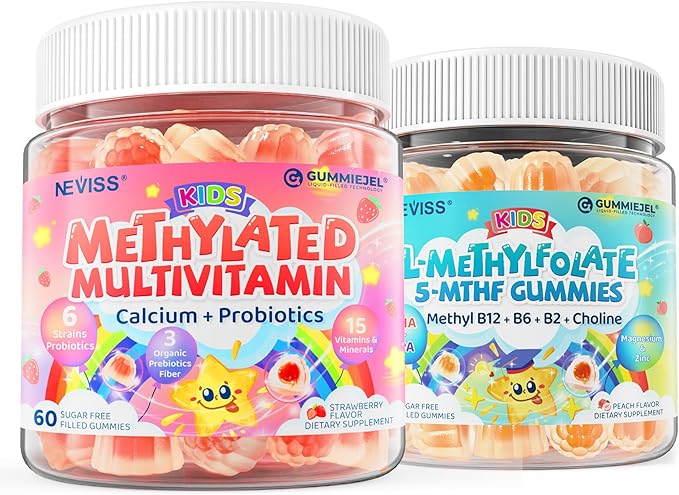 Kids Multivitamin Gummies w/Calcium Probiotics Vitamin D3 C Methylated B12 &amp Methylfolate + Kids L-Methylfolate Gummies Active 5-MTHF + Methyl B12 Cofactor Vitamin B6 B2 Choline Vegan Ome