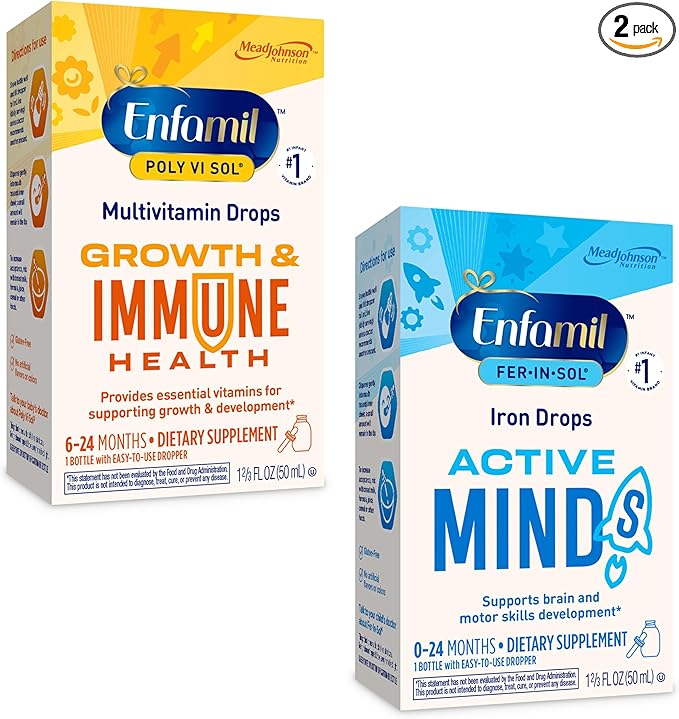 Enfamil Poly-Vi-Sol and Fer-in-Sol Iron Liquid Drop Multivitamin Supplements for Infants and Toddlers 2x50 mL Dropper Bottle