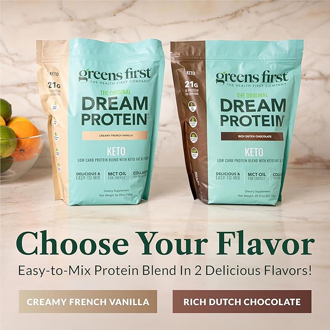 Greens First Dream Protein Powder Keto - 21g Protein Per Serving - Low Carb - with MCT Oil &amp Collagen - Non-GMO Gluten-Free Caffeine-Free (Rich Dutch Chocolate 29.31 oz)