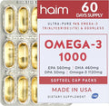 HAIM Omega-3 1000 Fish Oil Softgels — 1120mg Omega-3 with EPA DHA Fatty Acids — Burpless Odorless No Fishy Smell — Triple Strength Concentrated Supplement — Nutritional Softgels — 60 Count