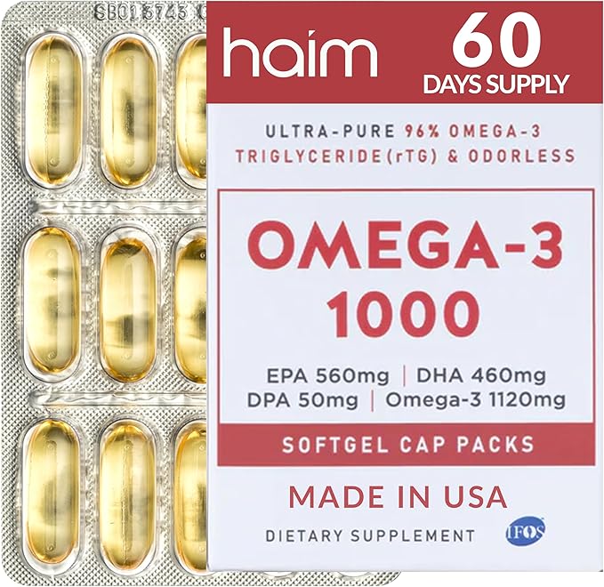 HAIM Omega-3 1000 Fish Oil Softgels — 1120mg Omega-3 with EPA DHA Fatty Acids — Burpless Odorless No Fishy Smell — Triple Strength Concentrated Supplement — Nutritional Softgels — 60 Count