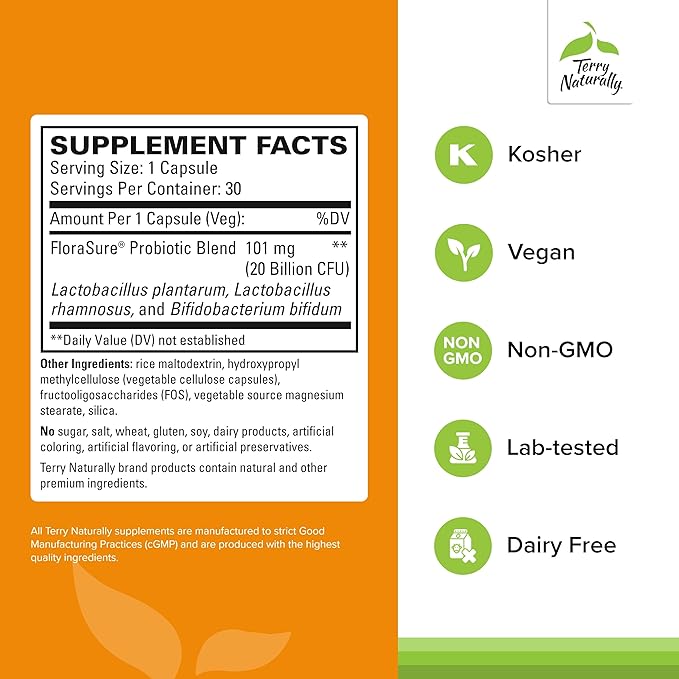 Terry Naturally FloraSure Probiotic - Digestion Supplement to Aid Against Occasional Bloating &amp Support Gas Relief - Gut Health Support Supplement with Bifidobacterium Bifidum - 30 Capsules
