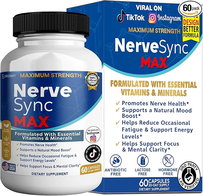 Nerve Sync MAX Supplement 60 Capsules Vegan Friendly with Essential Vitamins &amp Minerals for Nerve Health. (1)