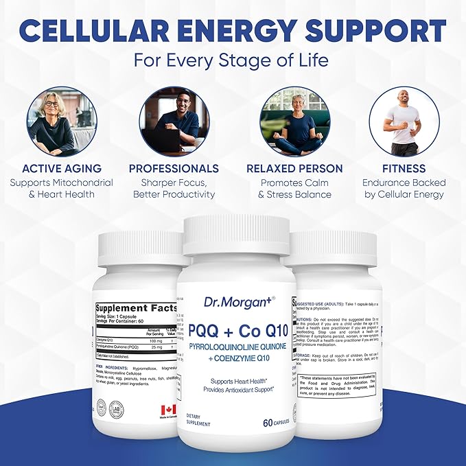 Dr. Morgan PQQ 20mg (Pyrroloquinoline Quinone) &amp CoQ10 100mg - Mitochondrial Energy &amp Cellular Vitality Support - Cognitive Antioxidant Formula - 60 Capsules Non-GMO
