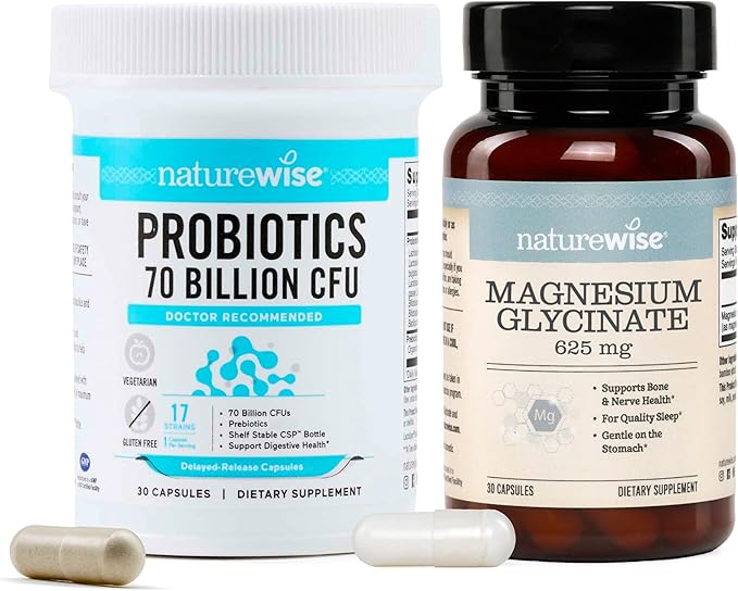 NatureWise [1] Probiotics 70 Billion CFU + Organic Prebiotics - 30 Capsules[1-Month Supply] + [1] Magnesium Glycinate 625mg - Chelated Magnesium - 30 Capsules[30-Day Supply]