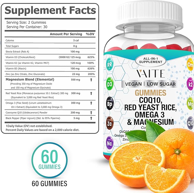 CoQ10 200mg Gummies with Red Yeast Rice &amp Magnesium Glycinate – Omega-3 Zinc and Vitamin K2+D3 for Overall Health – Supplements for Adults – 60 Chewable Gummies