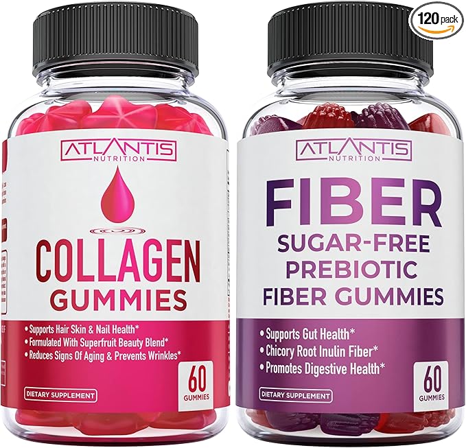 Atlantis Nutrition Collagen 60 Gummies + Sugar Free Prebiotic Fiber Gummies for Adults 2-Pack (120 Gummies)