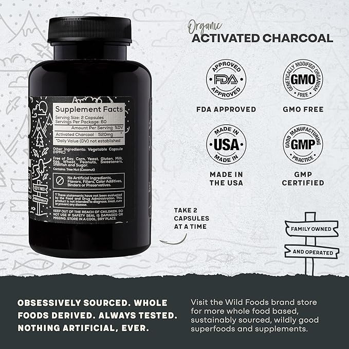 Wild Foods Activated Charcoal Capsules | 100% Organic Coconut Shells Active Tablets for Bloating Relief | Lab Tested &amp Non-GMO Detox Pills | USA (Two Bottles - 120 Capsules)