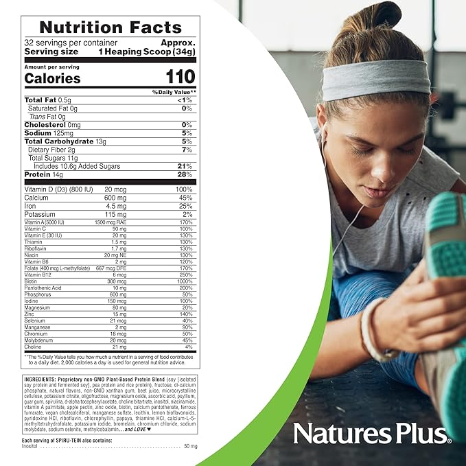 NaturesPlus SPIRU-TEIN Strawberry - 2.4 lb - Plant-Based Protein Shake - Non-GMO Vegetarian Gluten Free - 32 Servings