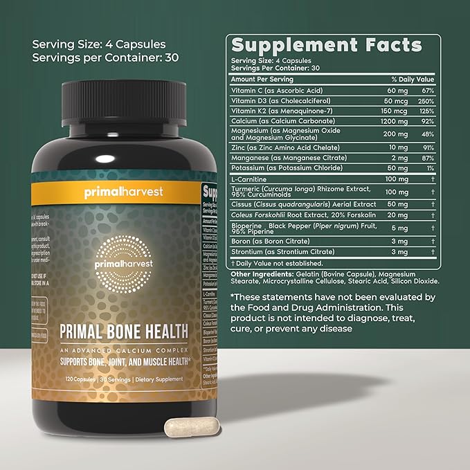 Primal Harvest 2 Pack Primal Bone Health Calcium Carbonate Bone Health Complex for Men &amp Women with Calcium Magnesium Zinc Manganese Potassium &amp L-Carnitine (240 Capsules)