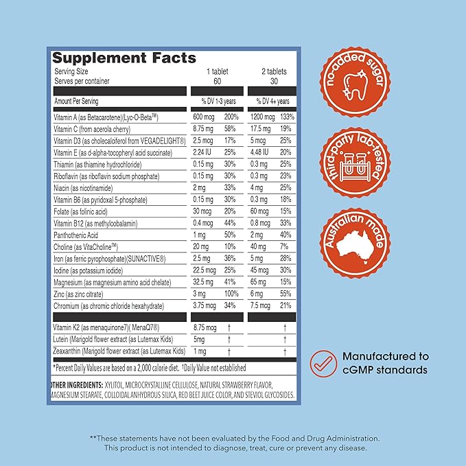 Picky Essentials Kids Multivitamin with Iron + Zinc | 20+ Essential Nutrients | Ages 2+ | Naturally Strawberry Flavored | Vitamins and Minerals A C D3 Bs | No Added Sugar | 60 Chewable Tablets