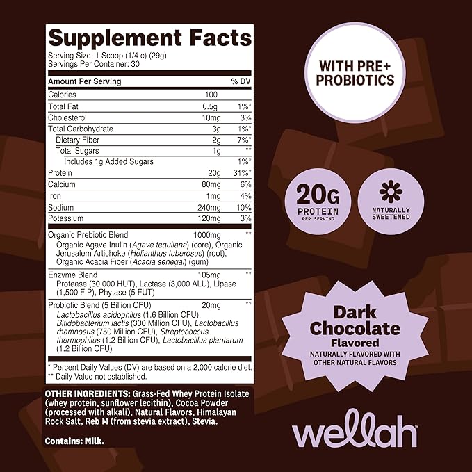 Wellah Grass-Fed Whey Protein Isolate Powder (Dark Chocolate) 30 Servings - with Prebiotics Enzymes &amp Probiotics 20g of Protein 100 Calories Naturally Sweetened