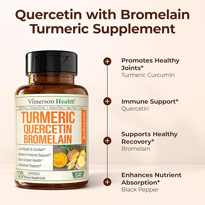 Quercetin with Bromelain Turmeric Curcumin Supplement – Allergy Relief Immune &amp Joint Support – Organic Turmeric Supplement w/Bioperine for Enhanced Absorption 120 Quercetin 500mg Capsules