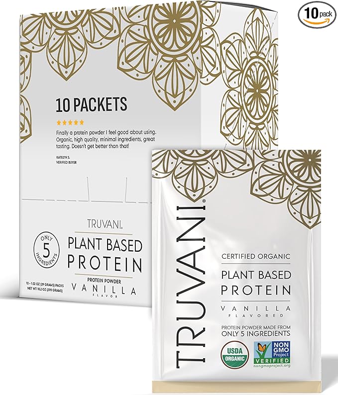 Truvani Vegan Pea Protein Powder | Vanilla | 20g Organic Plant Based Protein | Single Serving Travel Packets | 10 Servings | Keto | Gluten &amp Dairy Free | Low Carb | No Added Sugar