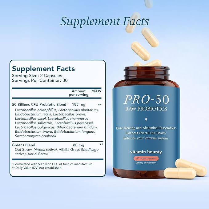 Vitamin Bounty Pro-50 Probiotic 50 Billion CFU - 13 Strain Supplement for Men &amp Women + Prebiotics - Digestive Health &amp Gut Support - Lactobacillus &amp Bifidobacterium - Delayed Release Caps