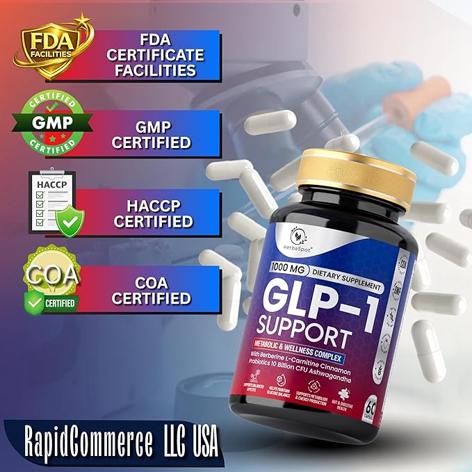GLP-1 Supplement 1000 mg with Berberine L-Carnitine Ashwagandha | Metabolism Support for Satiety &amp Craving Control | Probiotics 10 Billion CFU for Gut Health &amp Healthy Energy – 60 Capsules