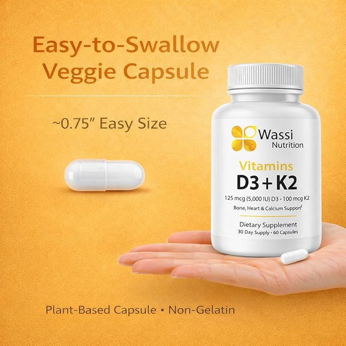 Vitamin D3 + K2 (MK-7) Capsules 5000 IU Vitamin D3 with Calcium &amp BioPerine® Bone &amp Heart Support Formula Non-GMO Gluten-Free 60 Capsules