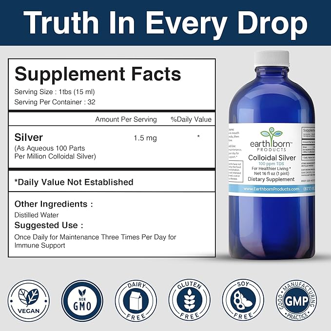 Earthborn Colloidal Silver Liquid (16oz) - 100PPM Pure Monatomic Silver Water - 99.9% Natural Nano Silver Liquid Supplement for Immune Support* Non-GMO Glass Bottle | Made in USA