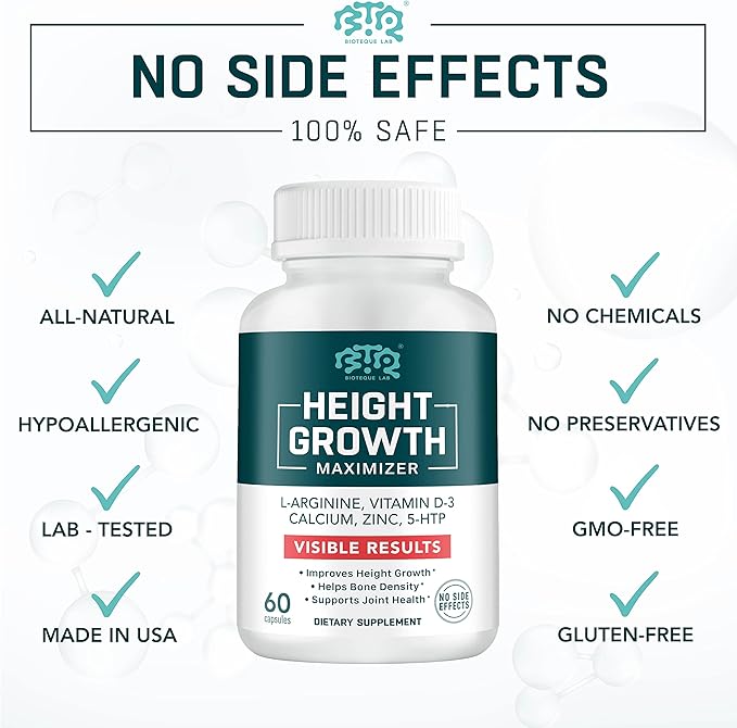 Height Growth Maximizer Calcium Vitamin D3 and Zinc Blend Pills Bone Growth Supplement for Kids and Teens Bone Strength Density Support GMO-Free Gluten-Free Made in USA 60 Caps