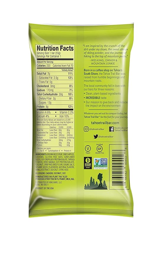 Tahoe Trail Bar Plant-Based Natural Energy Bar (1.94 Ounce Protein Bar 12 Count) High Protein Non-GMO Gluten-Free Vegan Healthy Snacks - Mango Coconut