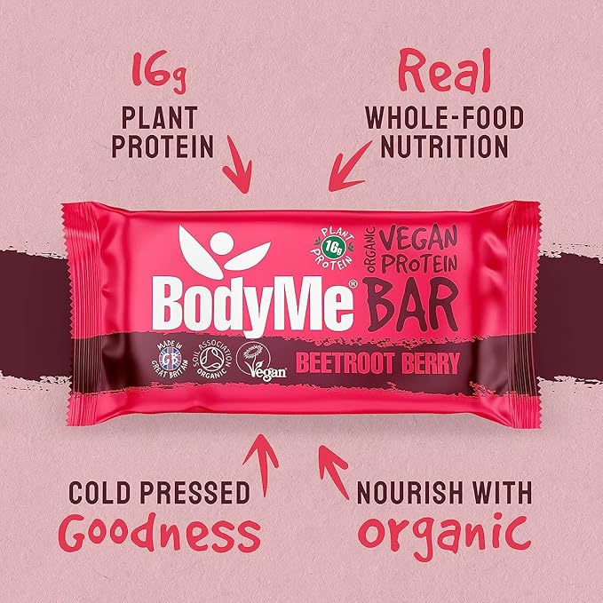 BodyMe Organic Vegan Protein Bar | Raw Beetroot Berry | Box of 12 x 2.12oz (60g) | with 3 Plant Proteins