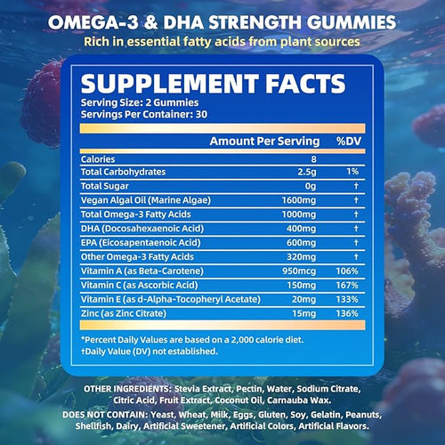 2 Pack Vegan Omega-3 Gummies1000mg for Adults - Sugar Free Supplement with 400mg DHA &amp 600mg EPA Vitamins A C E and Zinc - 120 Count
