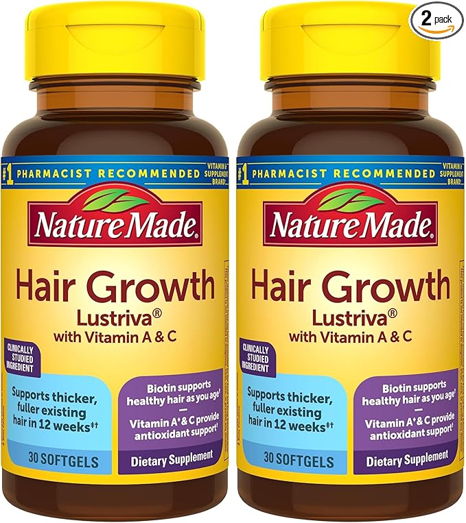 Nature Made Hair-Growth Softgels Clinically Studied Lustriva + Biotin Vitamin C &amp A Hairs Growth Vitamins - Support Healthy Hair as You Age 30 Softgels 30 Day Supply (Pack of 2)