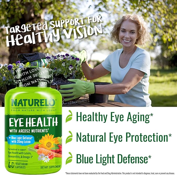 NATURELO Eye Vitamins - AREDS 2 Formula Nutrients with Lutein Zeaxanthin Vitamin C E Zinc Plus DHA - Supplement for Dry Eyes Healthy Vision Eye Support - 60 Vegan Capsules (Pack of 2)