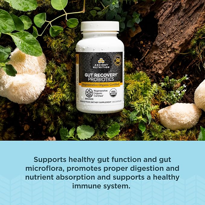 Ancient Nutrition Regenerative Organic Certified Probiotics for Gut Recovery Probiotics Gut Recovery for Healthy Digestion and Immune System Function Support 50 Billion CFUs* Per Serving 60 Count