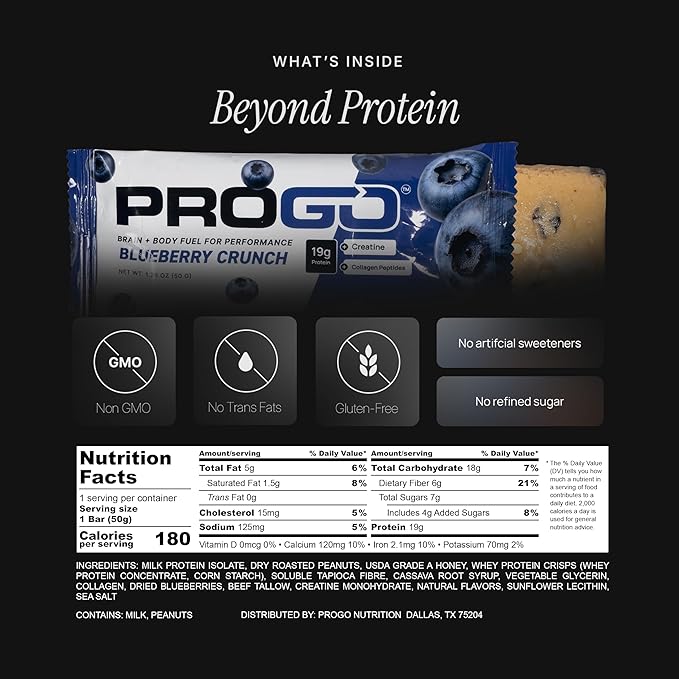 ProGo Protein Bars – Brain + Body Fuel with 19g Clean Protein Creatine &amp Collagen Peptides Made with 95% Pure Isolate Grass-Fed Beef Tallow No Fillers Naturally Sweetened with Honey Gluten-F