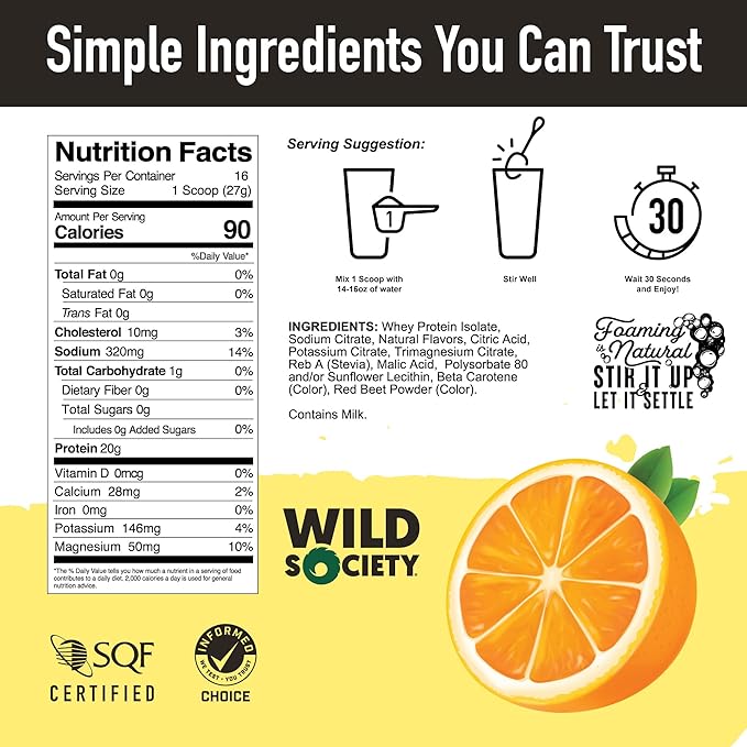 WILD SOCIETY - Clear Protein Powder + Electrolytes - 20g Clear Whey Protein Isolate Drink - Zero Sugar - 0g Lactose - Natural Flavors &amp Colors - Muscle Post Workout Recovery - Citrus Punch 16 oz