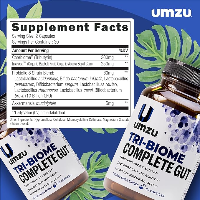 UMZU Tri-Biome Complete (30 Day Supply) – 3 in 1 Probiotic Prebiotic Postbiotic Capsules with Akkermansia and CoreBiome – Probiotic for Adults Gut Balance Stomach Probiotics and Complete Gut Health
