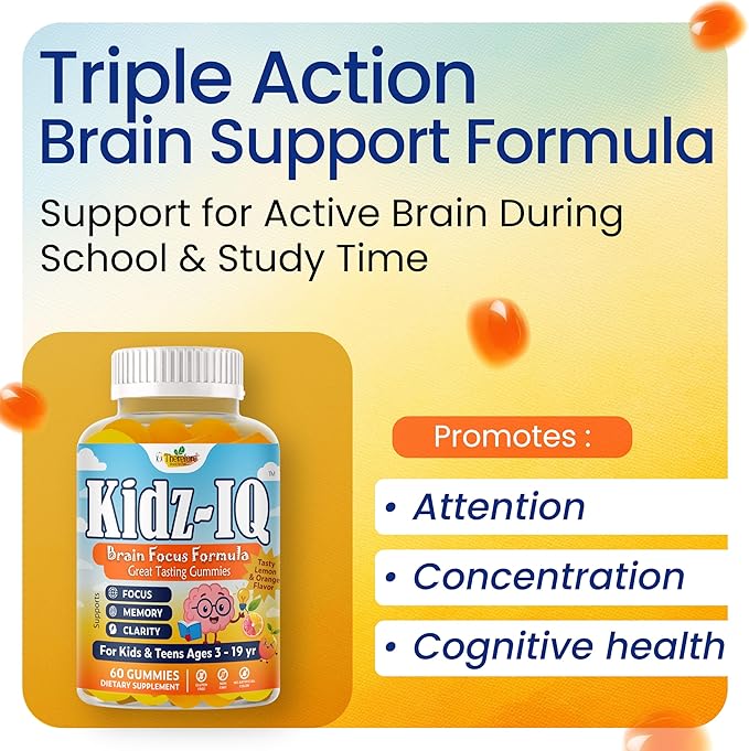 Kidz IQ Focus Gummies for Kids &amp Teens Omega 3 DHA Brain Vitamins for Kids Brain Supplements for Memory and Focus Orange Flavor Non-GMO Gluten-Free – 60 Gummies