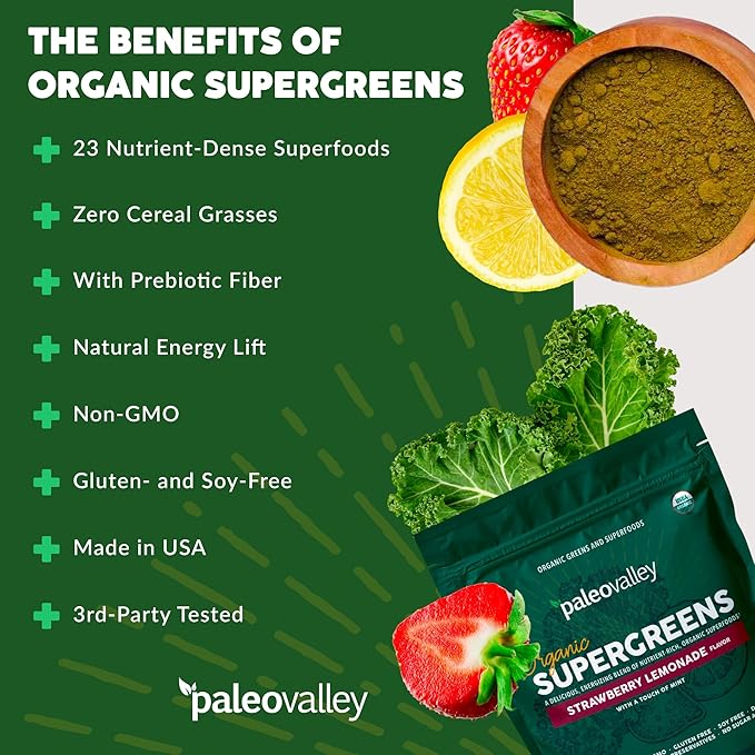 Paleovalley Organic Supergreens - Organic Greens Powder Superfood for Immune Support - Paleo Green Powder Blend - 28 Servings - 23 Superfoods - Gluten Free No Cereal Grasses Soy or Grain