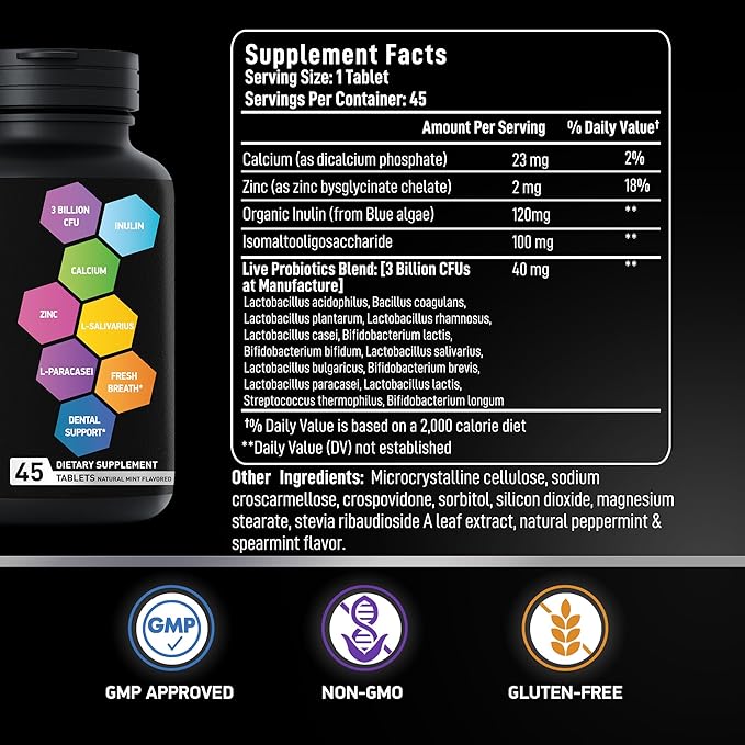 Dental Probiotics For Bad Breath &amp Oral Health - Best Lactobacillus Salivarius Probiotic Tablets Fight Chronic Bad Breath and Restore Good Bacteria - Oral Probiotics For Teeth And Gums - 90 Tablet