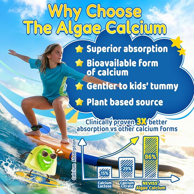 Kids Calcium Gummies + Vitamin D3 (1000IU/2000IU) K2 Magnesium Phosphorus Probiotic Algae Calcium Supplement for Kids 4+ &amp Teens for Bones &amp Teeth Extra Calcium Absorption Sugar Free 6