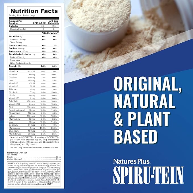 NaturesPlus SPIRU-TEIN Protein Powder Meal - Strawberry - 8 Packets - Plant-Based Protein Shake - Non-GMO Vegetarian Gluten Free - 8 Servings