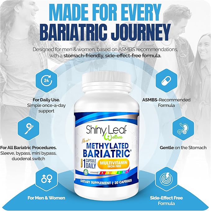 Shiny Leaf Methylated Bariatric Multivitamin Without Iron – Vitamins for Gastric Bypass &amp Sleeve 1 Daily Capsule W Methylated Folate B12 A C D K &amp More. Vegetarian Soy-Free USA Made (6