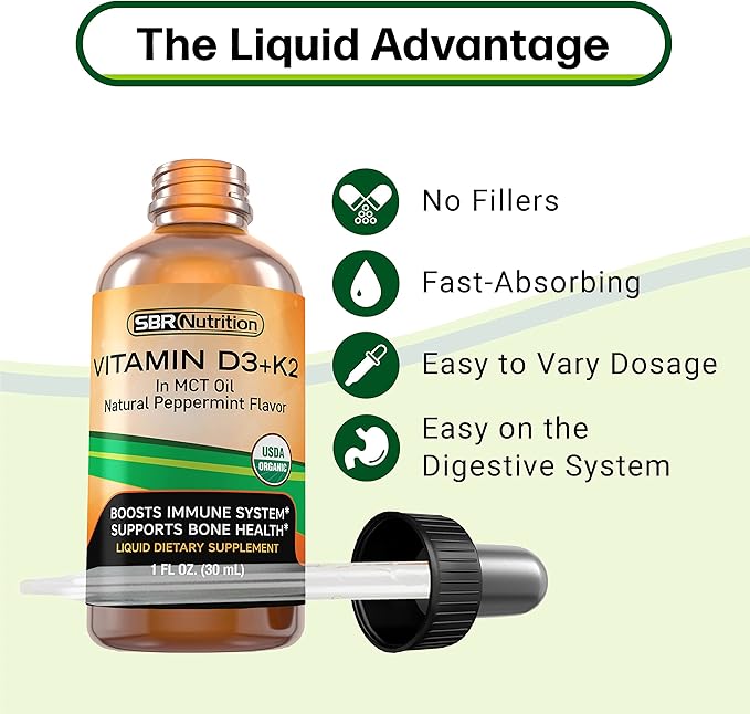 SBR Nutrition MAX Absorption Vitamin D3 + K2 (MK-7) Liquid Drops with MCT Oil Peppermint Flavor Helps Support Strong Bones and Healthy Heart